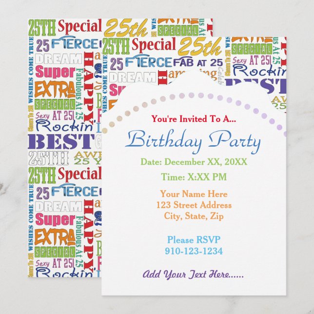 Invitation Cadeaux Uniques Et Spéciaux De Fête Du 25E Anniver (Devant / Derrière)