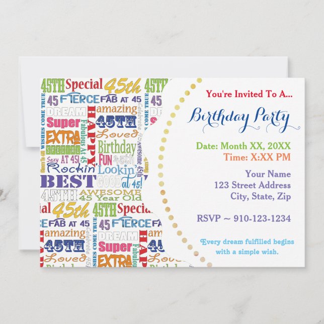 Invitation Cadeaux Uniques Et Spéciaux De Fête Du 45E Anniver (Devant)