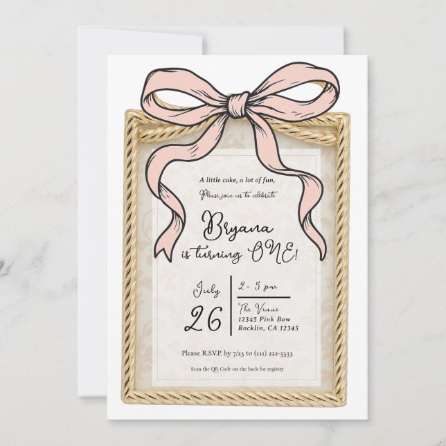 Invitation Cadre à arc doré Arc ruban rose 1er anniversaire (Devant)