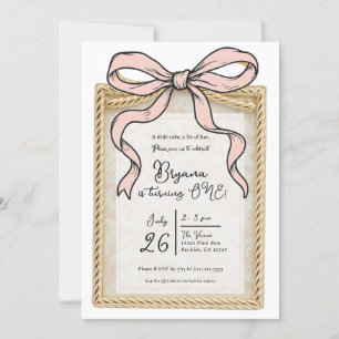 Invitation Cadre à arc doré Arc ruban rose 1er anniversaire