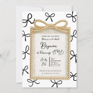 Invitation Cadre à Arc Doré Jolies Nœuds Noirs Blanc 1er Anni