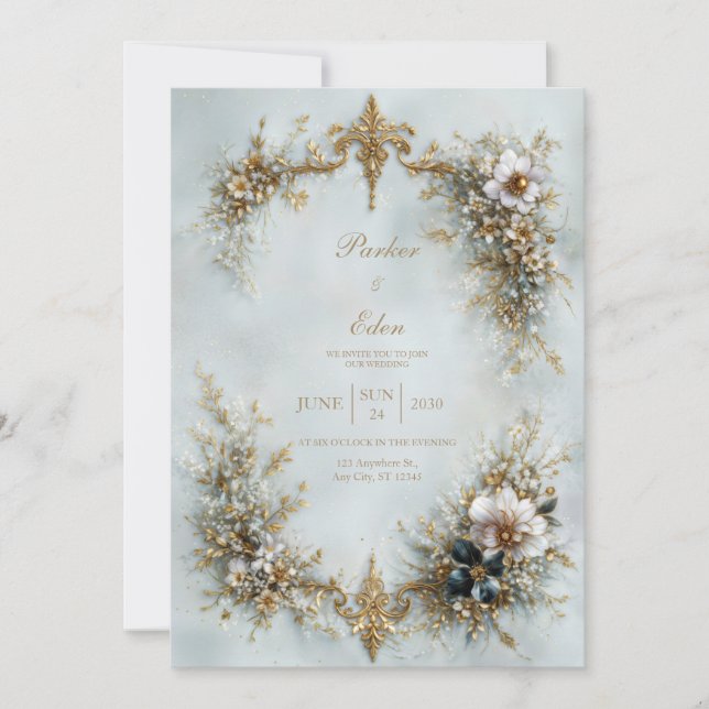 Invitation Cadre à défilement doré Fleurs blanches Mariage Bl (Devant)