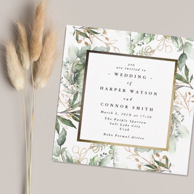 Invitation Cadre à huile d'or blanc | Boho Botanique Eucalypt (Créateur téléchargé)