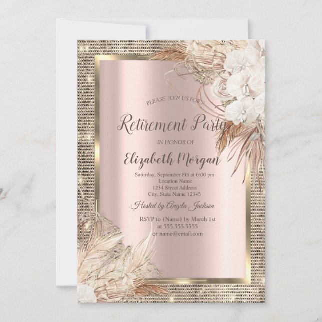 Invitation Cadre à paillettes dorées, Fleurs boho or rose Cad (Devant)