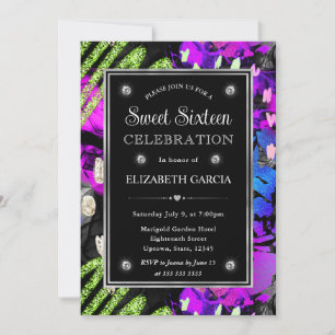 Invitation Cadre Abstrait Néon Arc-en-Ciel Pailleté Sweet 16