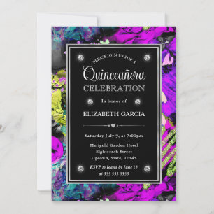 Invitation Cadre Abstrait Pailleté Néon Arc-en-Ciel Quinceane