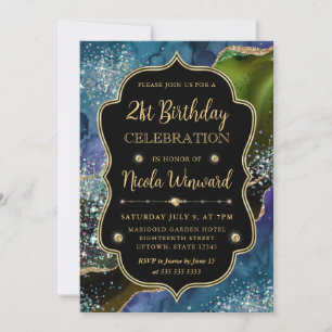 Invitation Cadre Anniversaire Agate Pailleté Bleu, Vert et Or