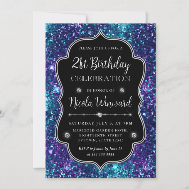 Invitation Cadre Anniversaire Sirène Sequins Violet et Bleu (Devant)