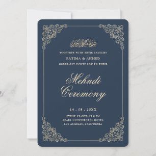 Invitation Cadre Antique Baroque Bleu Nuit Cérémonie Mehndi