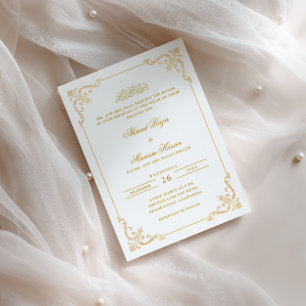 Invitation Cadre Antique Élégant Cérémonie de Nikah Or Blanc