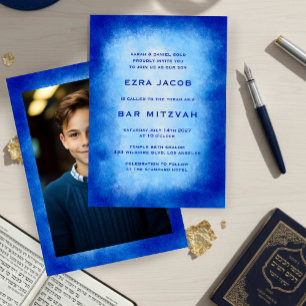 Invitation Cadre Aquarelle Bleue PHOTO Personnalisée Bar Mitz
