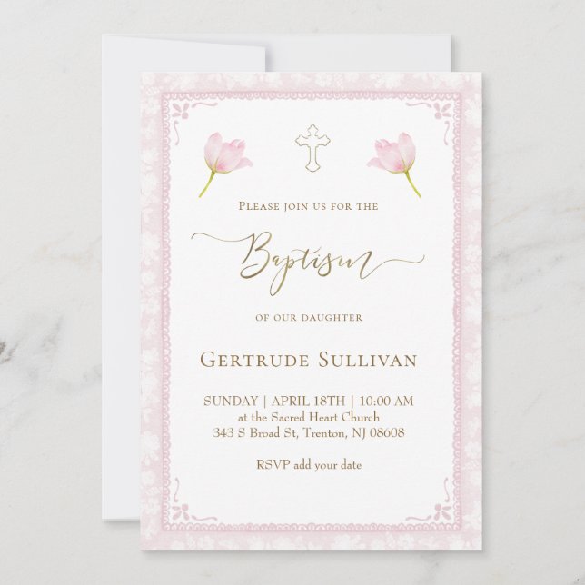 Invitation cadre aquarelle rose Baptême (Devant)