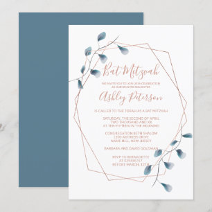 Invitation Cadre aquarelle rose gold chic bleu Bat Mitzvah