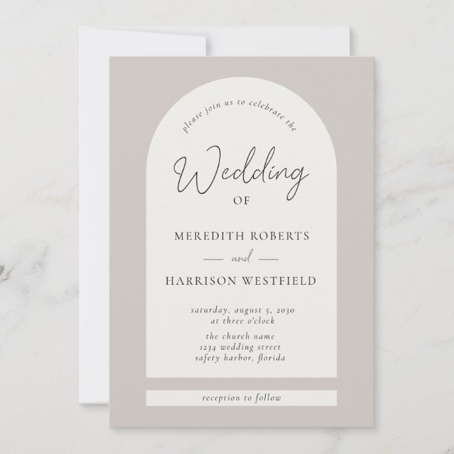 Invitation Cadre Arche de script moderne Taupe Ecru Mariage (Devant)