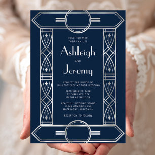Invitation Cadre Argent Deco Vintage Mariage Bleu Nuit