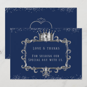 Invitation Cadre Argent Navy Couronne Royale Amour & Merci