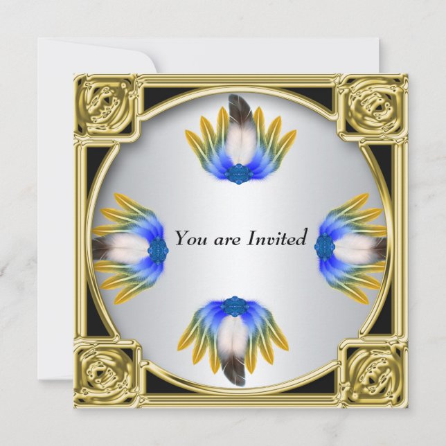 Invitation Cadre argent or plume bleue (Devant)