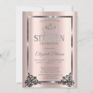 Invitation Cadre argenté, bordure, diadème Rose Gold Sweet 16