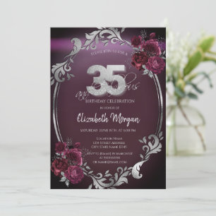 Invitation Cadre argenté chic Roses bordeaux 35e anniversaire
