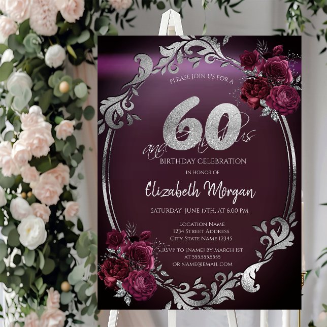 Invitation Cadre argenté chic Roses bordeaux 60 ans (Créateur téléchargé)