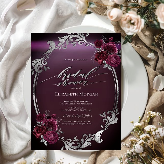 Invitation Cadre argenté chic Roses bordeaux Baby shower mari (Créateur téléchargé)