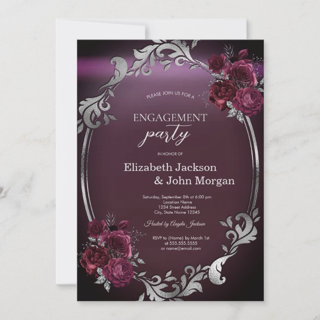 Invitation Cadre argenté chic Roses bordeaux Engagement   (Devant)