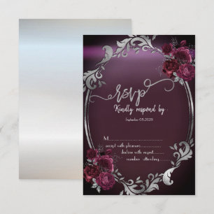 Invitation Cadre argenté chic Roses bordeaux RSVP