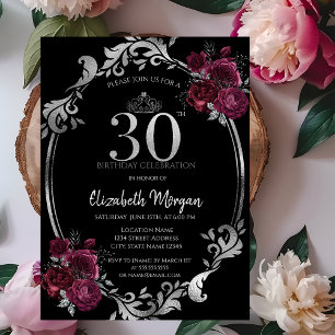 Invitation Cadre argenté Roses bordeaux 30 ans Anniversaire
