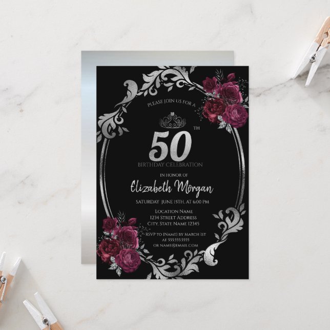 Invitation Cadre argenté Roses bordeaux 50e Anniversaire (Devant/Arrière en situation)