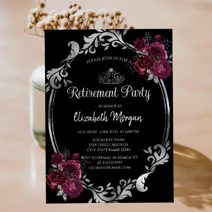 Invitation Cadre argenté Roses bordeaux Retraite noir