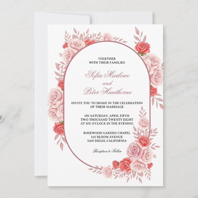 Invitation Cadre arqué moderne floral rose rose mariage (Devant)