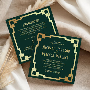 Invitation Cadre Art Déco Émeraude Or Tout en Un Mariage