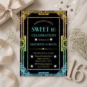 Invitation Cadre Art Déco Pailleté Bleu et Jaune pour Sweet 1