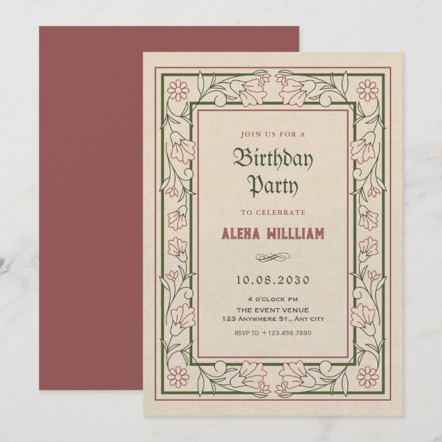 Invitation Cadre artistique floral vintage pour anniversaire (Devant / Derrière)