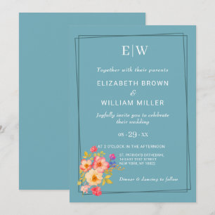 Invitation Cadre avec Rose, style Mariage sur bleu rétro