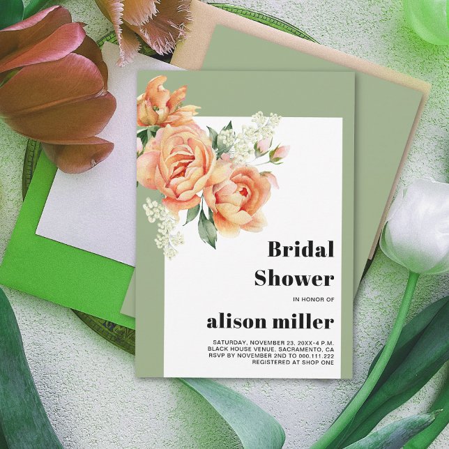 Invitation Cadre avec roses pêche sauge vert nuptiale douche (Créateur téléchargé)