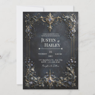 Invitation Cadre baroque doré Bijou bleu sarcelle foncé maria