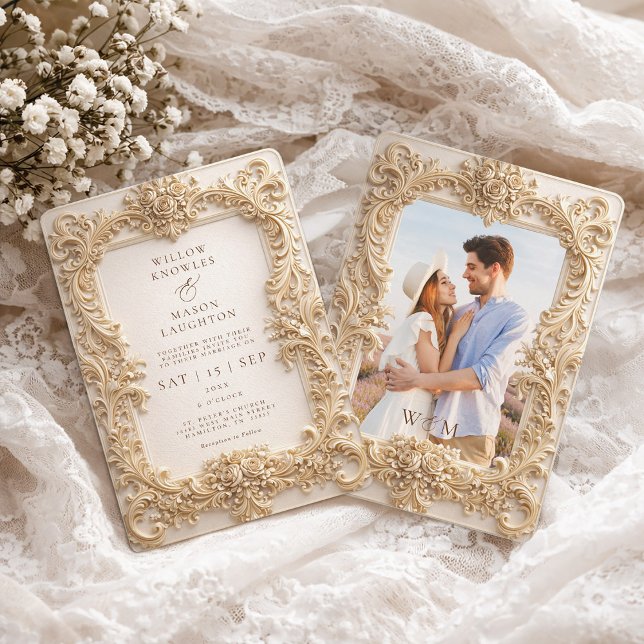 Invitation Cadre baroque élégant à relief pour mariage (Elegant Baroque Gold Photo Frame Wedding Invitation)
