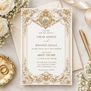 Invitation Cadre baroque élégant or et blanc pour mariage isl