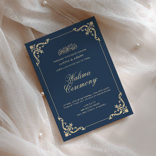 Invitation Cadre Baroque Européen Bleu Marine Cérémonie Walim