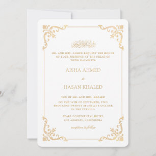 Invitation Cadre baroque orné or Nikah Cérémonie doré blanc