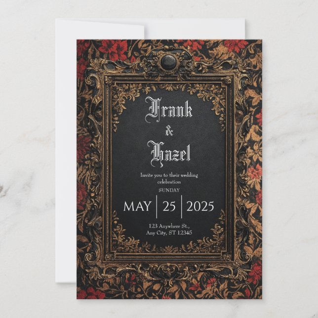 Invitation Cadre baroque rose noire dorée pour mariage (Devant)