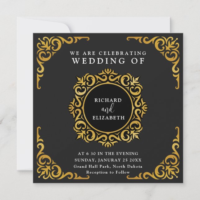 Invitation Cadre baroque Royal Black and Gold Ornamental (Devant)