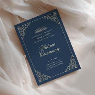 Invitation Cadre Baroque Vintage Bleu Marine Cérémonie Walima