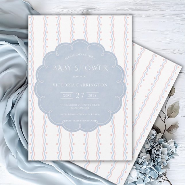 Invitation Cadre bleu Coeurs roses Baby shower Vintage (Créateur téléchargé)