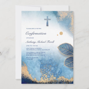 Invitation Cadre bleu feuillus religieux