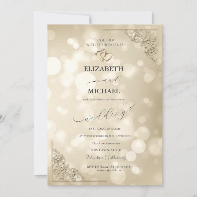 Invitation Cadre Bokeh Mariage Cœurs Or Élégants (Devant)
