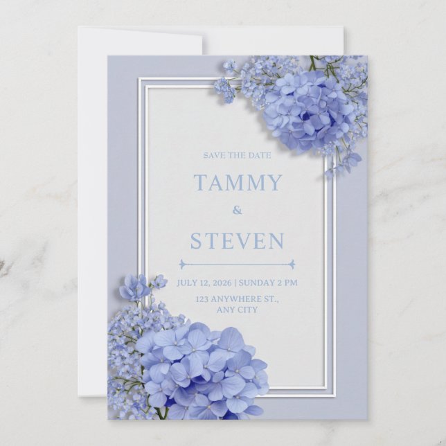 Invitation Cadre botanique de mariage Hydrangea Bleu Pervench (Devant)