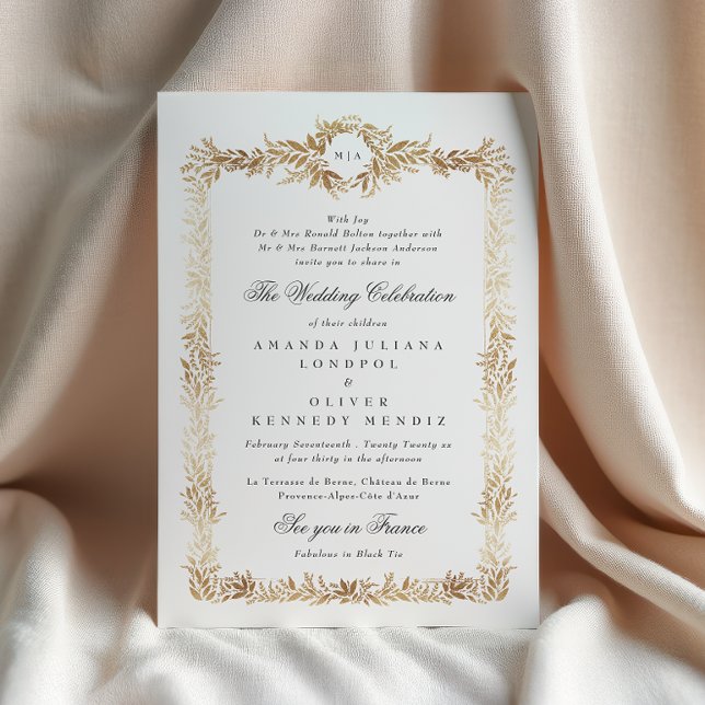 Invitation cadre botanique doré élégant monogramme mariage (Créateur téléchargé)