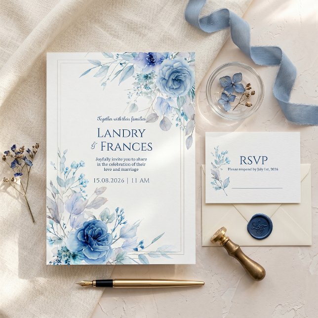 Invitation Cadre botanique romantique Cobalt Indigo Rose (Créateur téléchargé)